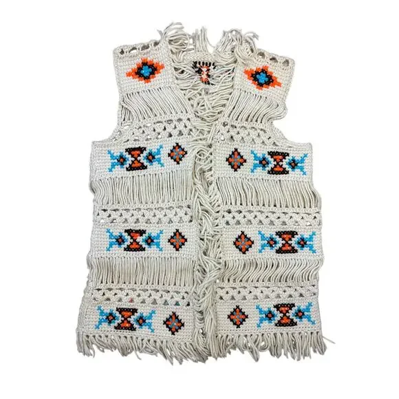 Vintage 1960’s handmade floral crotchet hippie boho fringed festival vest aztec - Picture 1 of 4